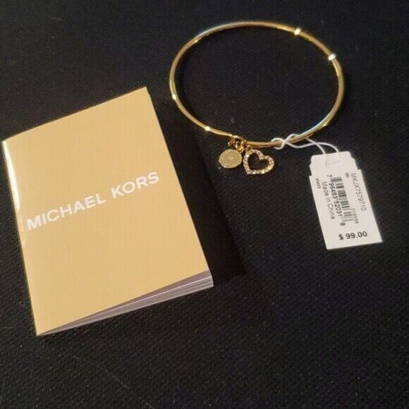 MICHAEL KORS MKJX7578710 Gold Toned Heart Crystal 2 Charm Bangle Bracelet $100+ - Picture 1 of 5